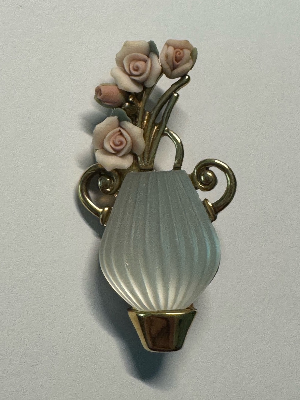 Vintage Porcelain Pink Rose Bouquet Vase Pin Brooch